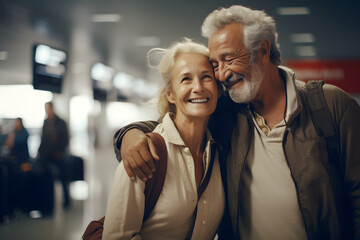 Elderly couple shares a warm moment at an airport