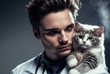 Portrait of an attractive veterinarian doctor man with a cute cat. Created with Generative AI. Not a real person.