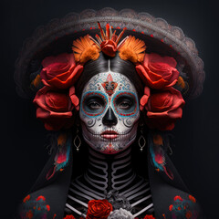 A portrait of a woman wearing a costume for Mexican Day of the Dead. Created with Generative AI. Not a real person.
