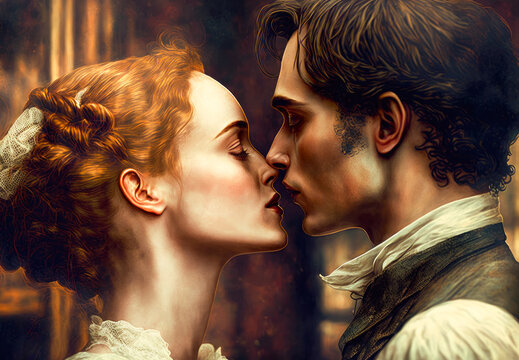 A Victorian era couple having their first kiss. Created with Generative AI. Not a real person.