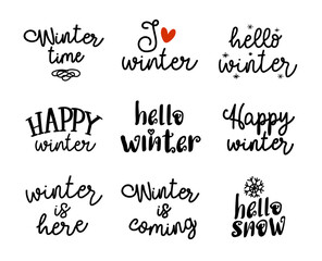Hand drawn simple lettering set with winter phrases for banner, greeting card, decor, poster, sticker, print. Vector lettering on a white background.Inspiration handwritten calligraphy. 
