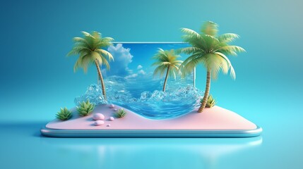 Creative summer beach on smartphone with blue background. 3d rendering