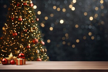 Fototapeta na wymiar Empty christmas table background with christmas tree out of focus for product display montage, generative ai