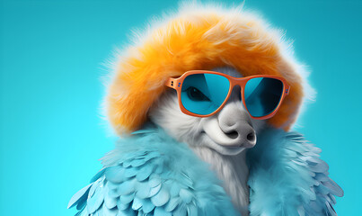 Fototapeta premium Happy duck character wearing sunglasses and fur coat looking away against pastel and turquoise background.
