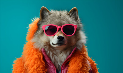Happy dog character in two tone stylish sunglasses and fur coat looking away against pastel and turquoise background.