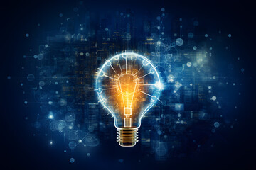 glowing light bulb merges with a digital cityscape highlighting interconnected data and technology networks