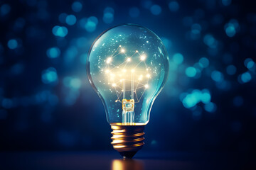 Glowing light bulb against a shimmering blue bokeh background - obrazy, fototapety, plakaty