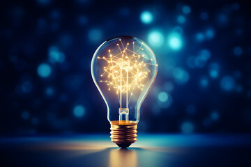 Glowing light bulb on reflective surface with blue bokeh dots in the background