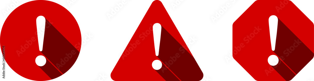 Poster red white round circle octagonal and triangular warning or attention caution sign with exclamation m