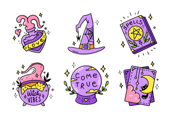 Set cartoon witch stickers for Halloween. Collection of graphic elements: witch hat, fortune book, tarot cards, potion cauldron, potion bottle, witch glass ball. Vector party.