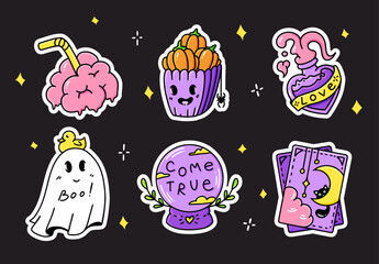 Set Halloween cartoon hand drawn stickers. Collection of graphic elements on a black background: pumpkin, tarot cards, brain, potion, ghost, divination ball. Vector party  illustration.