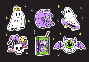 Set Halloween cartoon hand drawn stickers. Collection of graphic elements on a black background: cat, skull, juice, bat eyeball,  ghost. Vector party  illustration.