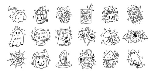 Set Halloween outline stickers. Collection of pumpkin, tarot cards, brain, potion, ghost, divination ball, spider web, witch hat, cauldron, candies, juice, spell book, cat, skull, mushroom, bat eye - obrazy, fototapety, plakaty