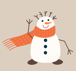 Snowman with scarf isolated on beige background. Cute trendy simple sign of winter time good for card, poster, web banner and logo. Vector illustration in flat style.