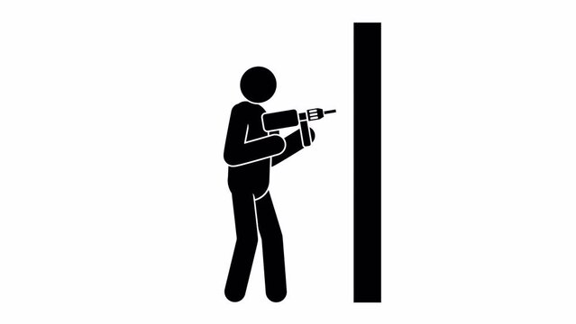 Pictogram of worker drills with an electric drill. Handyman with drill - animated stickman. 2D looped animation with alpha channel.