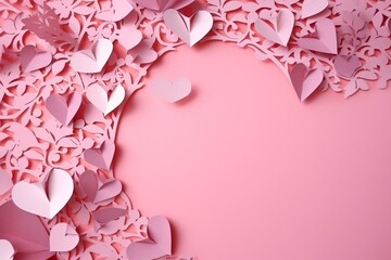 Festive love card with heart-shaped paper cutouts on a pink backdrop. Generative AI
