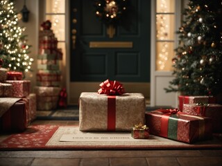 Fototapeta na wymiar Home for the Holidays: Christmas Gifts by the Door