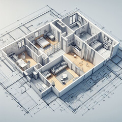 Progetto architettonico n 3D di un appartamento con i mobili - obrazy, fototapety, plakaty