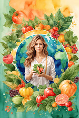 Fototapeta na wymiar Woman smiling face. Healthy lifestyle, food, diet, and weight loss banner, Vegetarian, vitamins, natural and fresh food. Greens, cucumbers, tomatoes. Diet, loss weight, dinner. Watercolor background