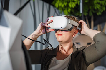 Young woman wearing virtual reality headset enjoying VR experience thrilled pointing around her...
