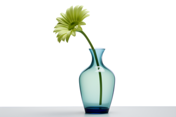 A blue and green flower in a vase on a white background, Generative AI
