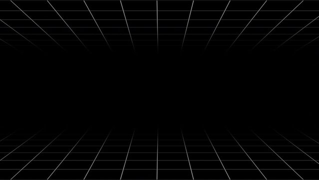 Black background with animated digital white grid lines with depth and bokeh. Loop abstract motion background for technology, science, blueprint, or infographic concept