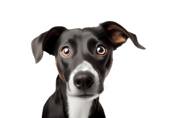 A close-up of a dog looking at the camera on a white background, Generative AI