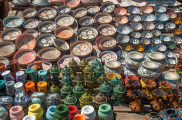 Colorful moroccan ceramics on street market in Morocco