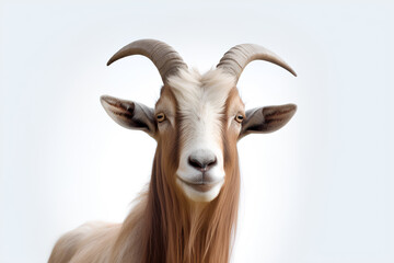 A close-up of a goat with very long horns on a white background, Generative AI