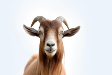 Fototapeta premium A close-up of a goat with very long horns on a white background, Generative AI