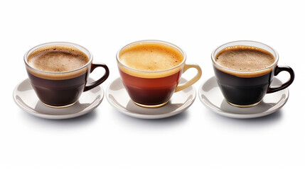 Set with cups of hot aromatic espresso coffee isolated on white background