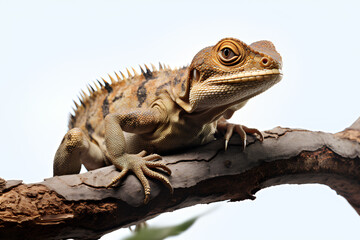 Obraz premium A close-up of a lizard on a tree branch on a white sky, Generative AI