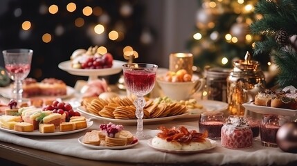 Christmas dinner table full of dishes with food and snacks in pink colors, elegant New Year decor with a Christmas tree in the background. - obrazy, fototapety, plakaty