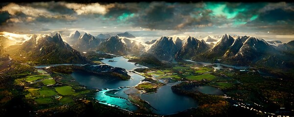 aerial view of a Norwegian landscape with fjords and high mountains photorealistic aurora borealis intricate detail hyper realistic render visualization mountains hdr 8k epic 8k realistic extreme  - obrazy, fototapety, plakaty