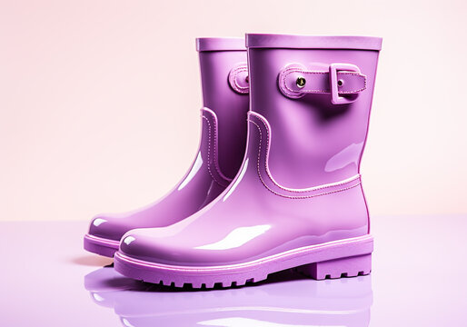 Women's fashion pink rain boots. Super detailed. Winter time. AI generated