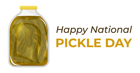 Happy National Pickle Day. Vector illustration with cucumbers in a jar, flat style. Green, diet, vegetarian, conservation
