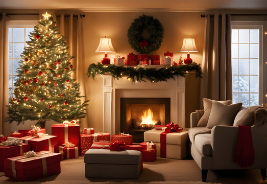 A beautifully decorated Christmas tree, softly lit by twinkling lights and surrounded by elegantly wrapped gifts