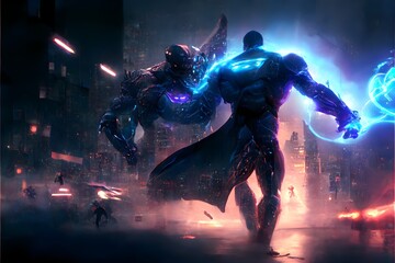 ShieldMan fighting with enemy alien full body hero from distance wide frame aerial view city magnetic field all around distance view battle with enemy move smog matte painting neon lights Cinematic  - obrazy, fototapety, plakaty