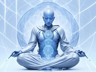 Silver mind cyborg man meditating simple, simple lifetime