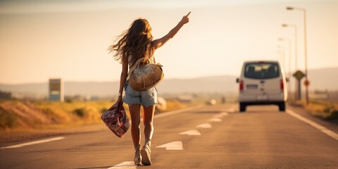 Woman in denim shorts trying to hitchhike, concept of Freedom