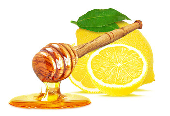dripping honey and lemon isolated on white background