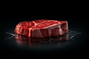 3D illustration of fresh beef steak on a black background with empty space. Generative AI