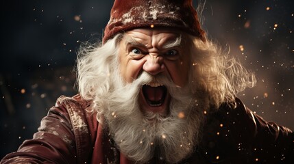 
Close-up portrait of an evil Santa Claus. Character from New Year and Christmas fairy tales. A dissatisfied person judges or shouts. Concept: aggressive, unpleasant person.