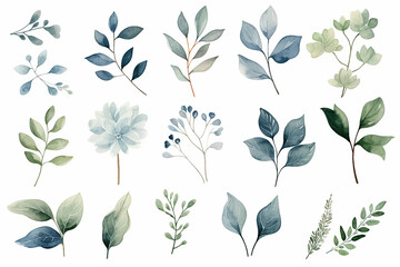 The digital watercolor illustration of various green, blue, and brown leaves with flowers plants patterns for decoration isolated on a white background, generated by AI.