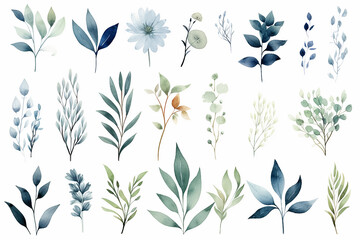 The digital watercolor illustration of various green, blue, and brown leaves with flowers plants patterns for decoration isolated on a white background, generated by AI.