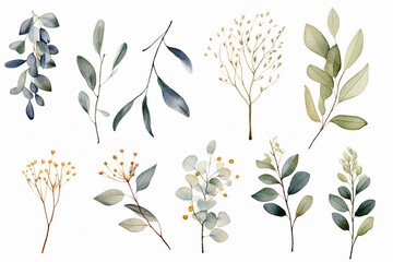 The digital watercolor illustration of various green, blue, and brown leaves with flowers plants patterns for decoration isolated on a white background, generated by AI.