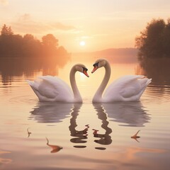 Naklejka premium Pair of graceful swans on a serene lake at sunrise