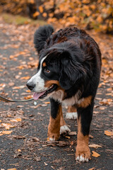 A dog of the Bernese Mountain Dog breed walks on a leash in an autumn park