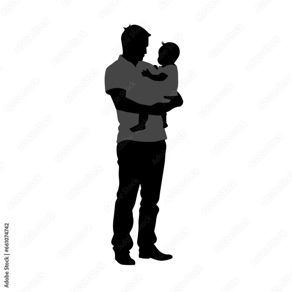 Wall mural Silhouette of dad holding baby, father and baby silhouettes together