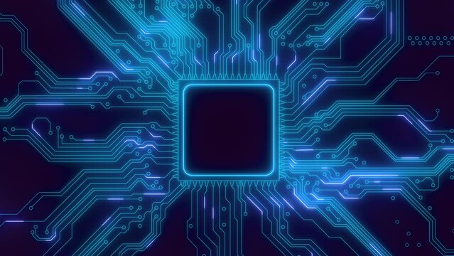 Abstract chip with PCB traces on a transparent background. Transmission of binary information through conductors. Looped seamless animation.